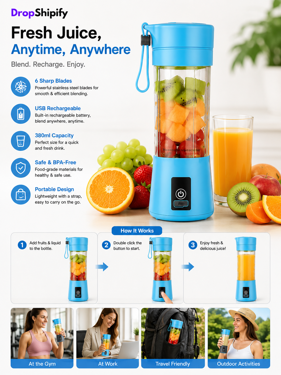 Juicer Blender 6 Blades USB Portable Bottle