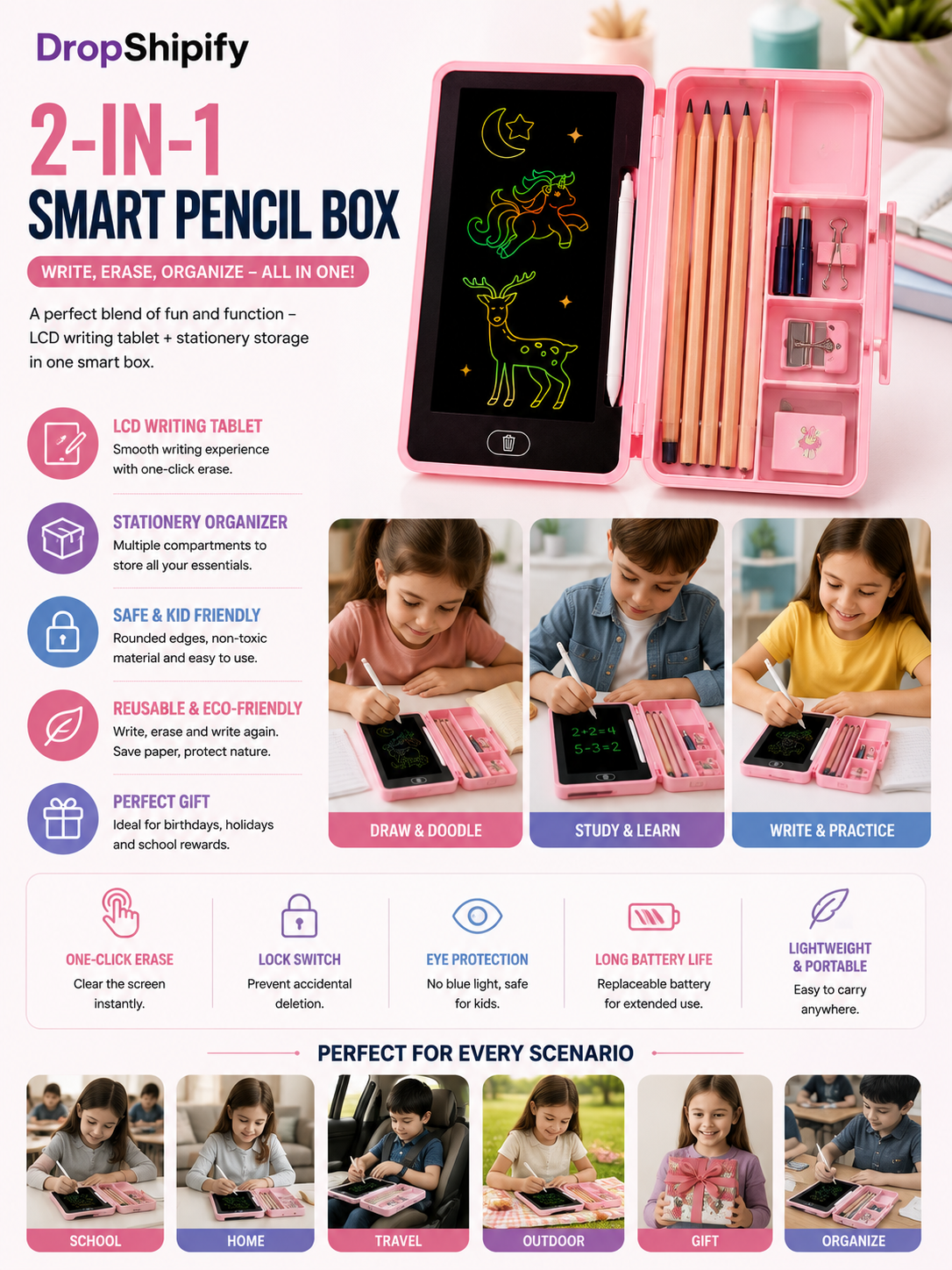 2-in-1 Smart Pencil Box LCD Writing Tablet
