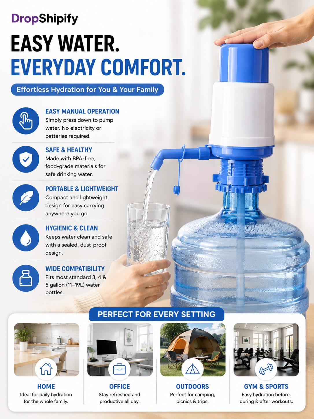 Portable Manual Water Pump Dispenser for 5 Gallon Bottled Water