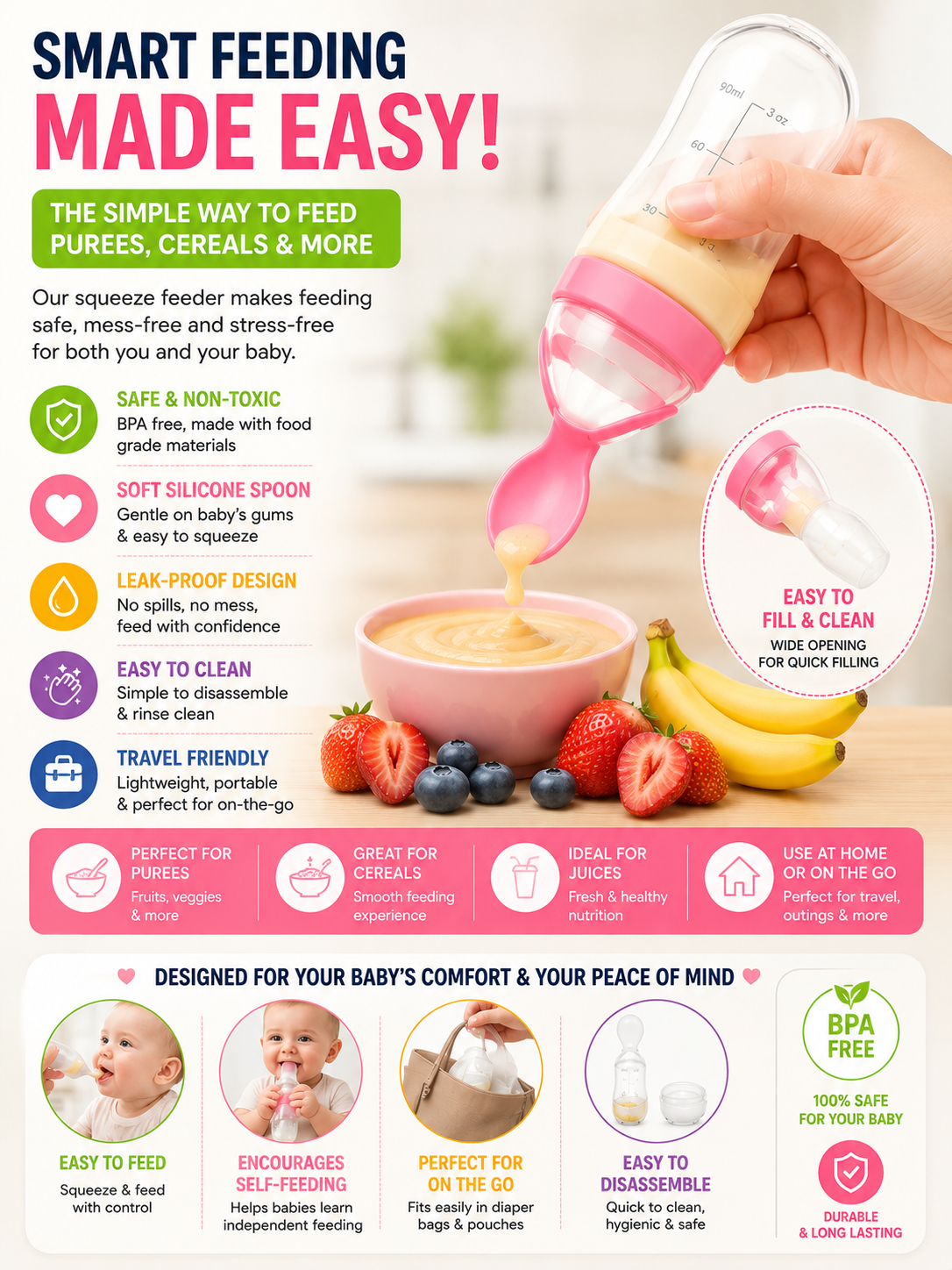 Baby Feeding Spoon Bottle Silicone Squeeze Food Feeder