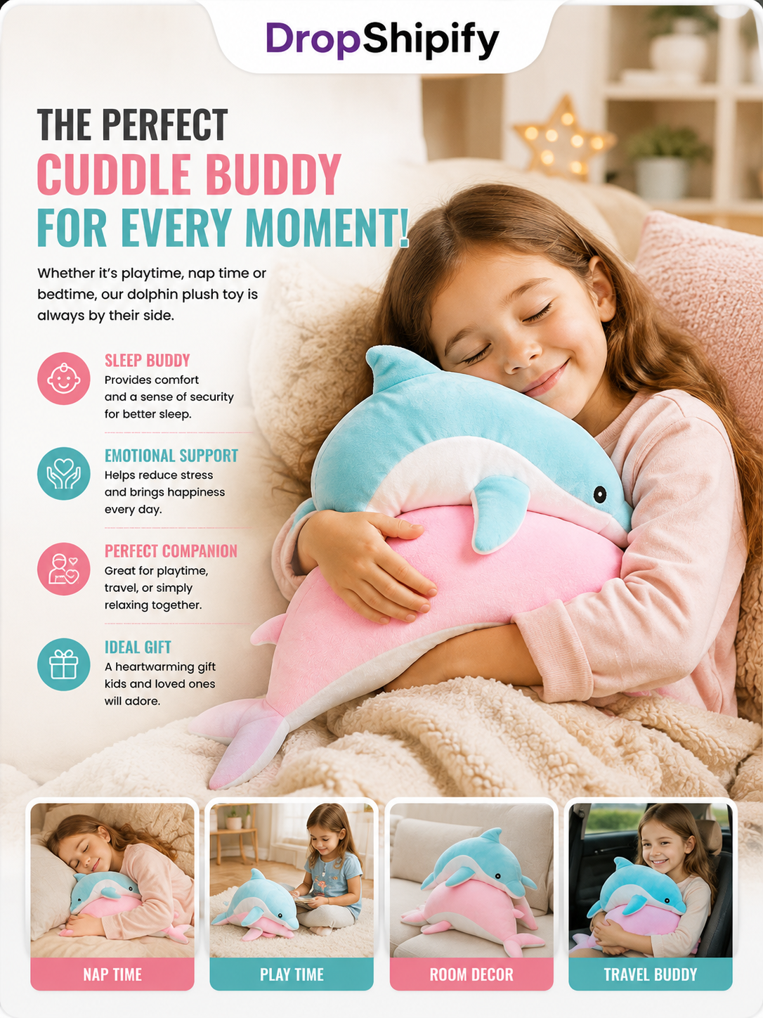 Dolphin Plush Toy Soft Stuffed Dolphin Teddy for Kids