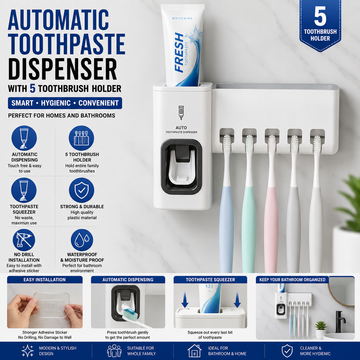 Wall Mounted Automatic Toothpaste Dispenser with 5 Toothbrush Holder