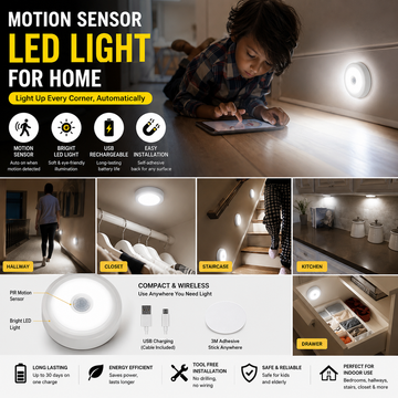 Motion Sensor LED Night Light USB Rechargeable Wireless Cabinet Light
